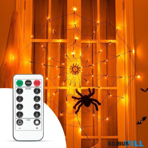 Halloween-i pókháló fényfüggöny pókkal melegfehér, 60db LED, USB-s - 58150