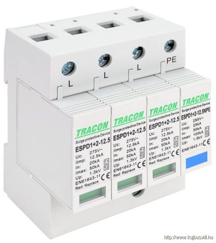 ESPD1+2-12.5-3+1P T1+T2 AC típusú túlfeszültséglevezető, cserélhető betéttel Uc:275V; Iimp:12,5kA; In:20/40kA; Imax:50kA; Up:1,3kV; 3+1P