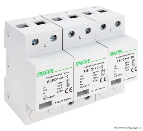 ESPD1+2-50-3P T1+T2 AC típusú túlfeszültséglevezető, egybeépített Uc:385V; Iimp:50kA; In:50kA; Imax:160kA; Up:2,5kV; 3P