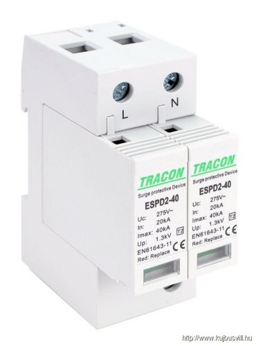 ESPD2-40-2P T2 AC típusú túlfeszültség levezető, cserélhető betéttel Uc:275V; In:20kA; Imax:40kA; Up:1,3kV; 2P