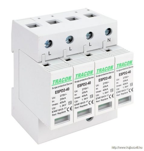 ESPD2-40-4P T2 AC típusú túlfeszültség levezető, cserélhető betéttel Uc:275V; In:20kA; Imax:40kA; Up:1,3kV; 4P