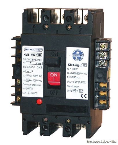 KM2-063/1A Kompakt megszakító, 230V AC munkaáramú kioldóval 3×230/400V, 50Hz, 63A, 50kA, 1×CO