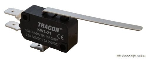 KW3-21 Helyzetkapcsoló, mikro, rugószáras 1×CO 10A/230VAC, 0,3A/250VDC, 52mm, 6,3x0,8 mm, IP00