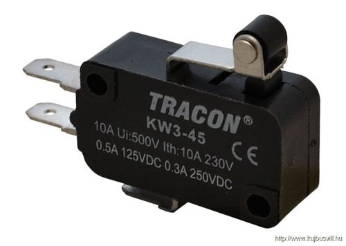 KW3-45 Helyzetkapcsoló, mikro, karos-görgős 1×CO 10A/230VAC, 0,3A/250VDC, 15mm, 4,8x0,5 mm, IP00