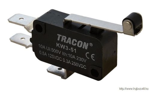 KW3-51 Helyzetkapcsoló, mikro, karos-görgős 1×CO 10A/230VAC, 0,3A/250VDC, 28mm, 6,3x0,8 mm, IP00