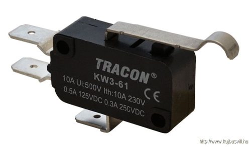 KW3-61 Helyzetkapcsoló, mikro, íves-rugószár 1×CO 10A/230VAC, 0,3A/250VDC, 28mm, 6,3x0,8 mm, IP00