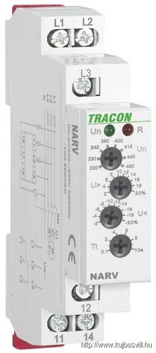 NARV Feszültségfigyelő relé 3 fázisra AC 220-460V, U> U< = +/-2-20%, t=0,1-10s, Asymm 8%